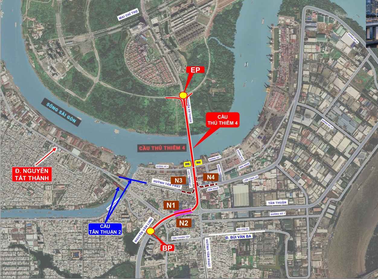Hướng tuyến cầu Thủ Thiêm 4. Ảnh: Sở Xây dựng TPHCM